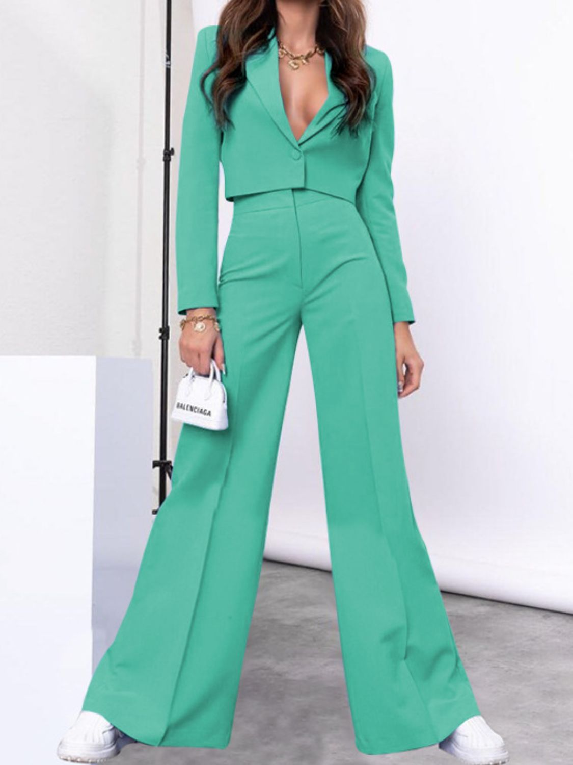 LuX De’Ore Lapel Collar Cropped Top and Wide Leg Pants Set