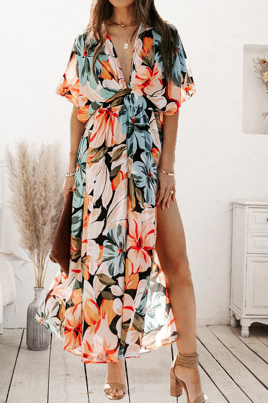 LuX De’Ore Plunge Printed Split Midi Dress