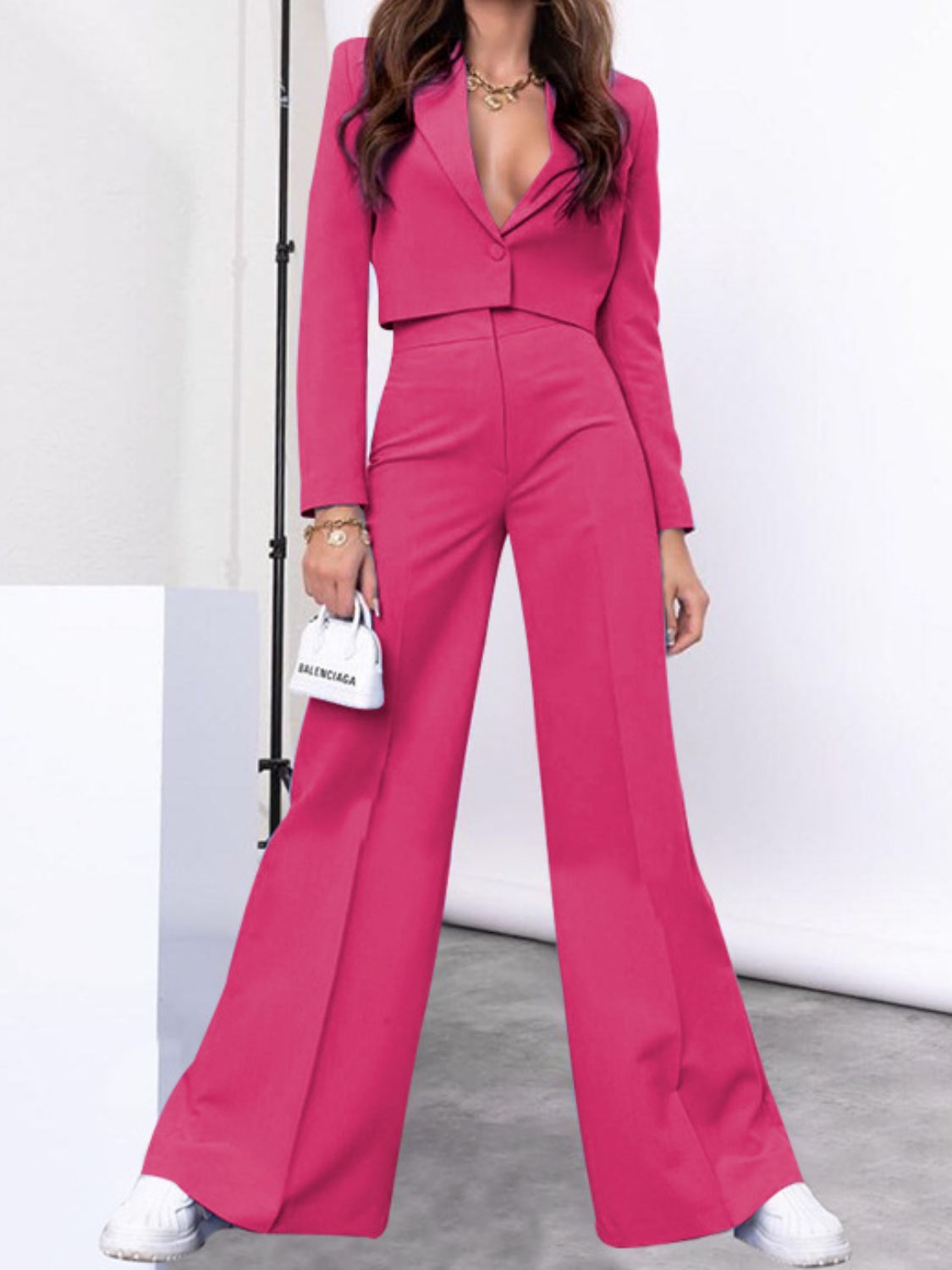 LuX De’Ore Lapel Collar Cropped Top and Wide Leg Pants Set