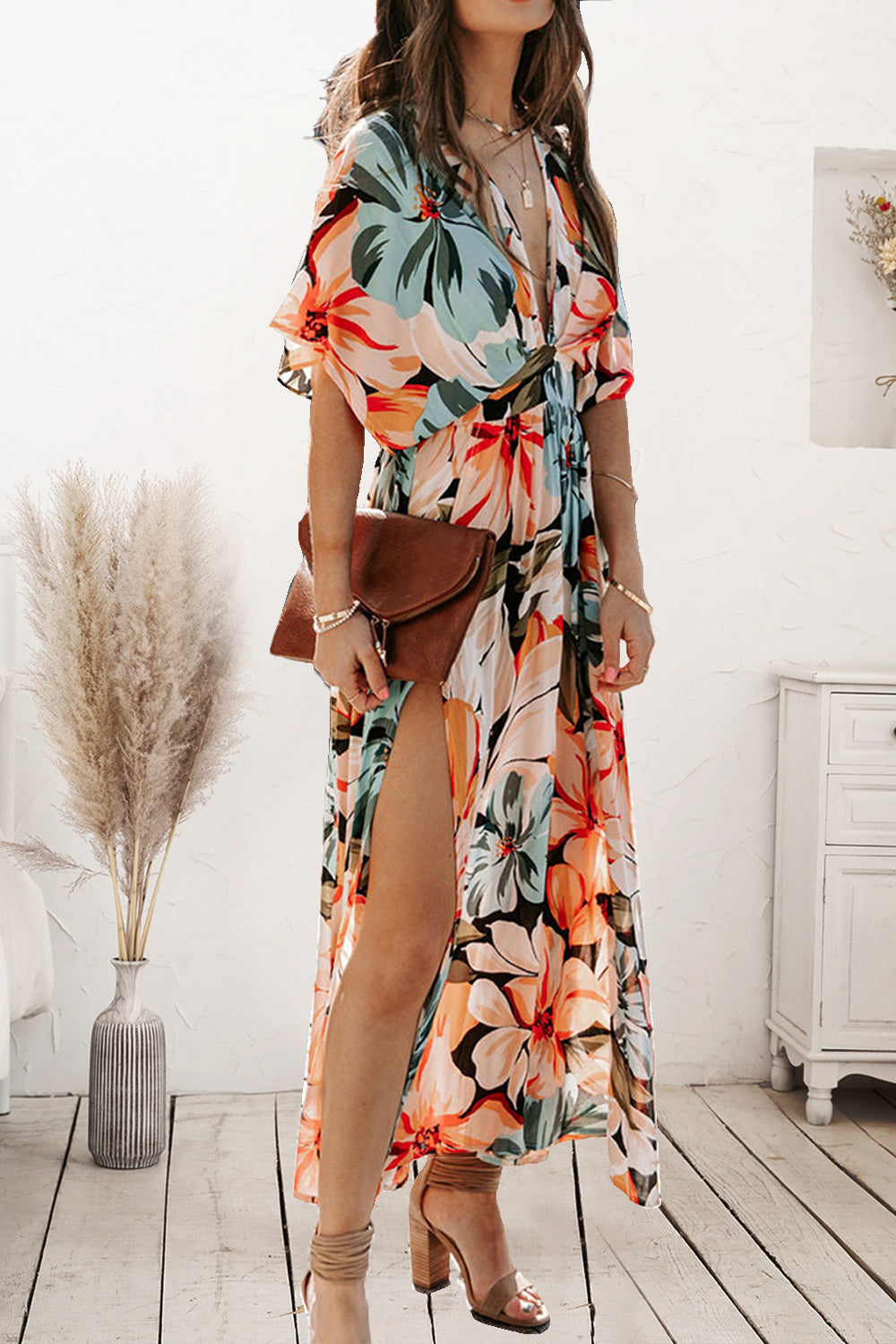 LuX De’Ore Plunge Printed Split Midi Dress