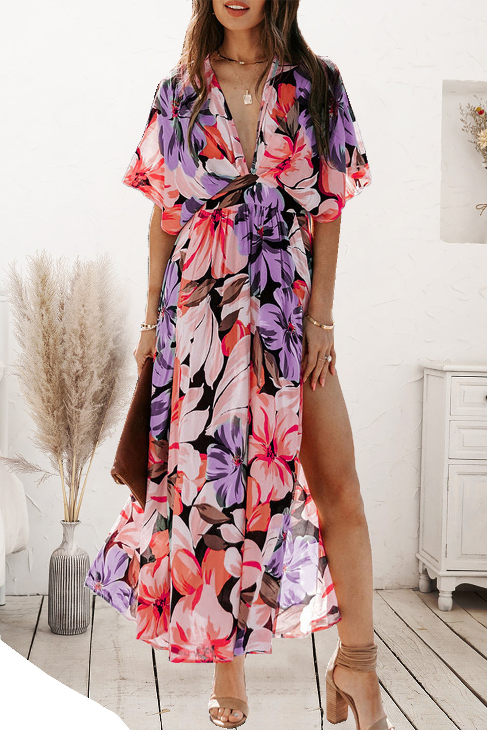 LuX De’Ore Plunge Printed Split Midi Dress