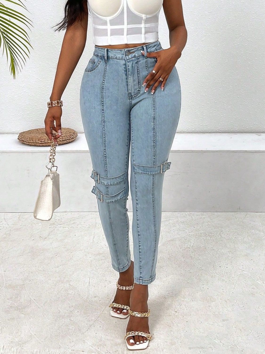 LuX De’Ore Ny Buckle Skinny Jeans with Pockets