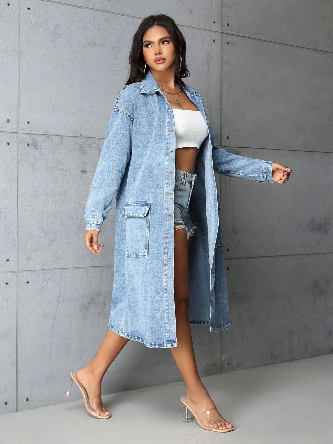 LuX De’Ore Lori Pocketed Collared Neck Denim Top