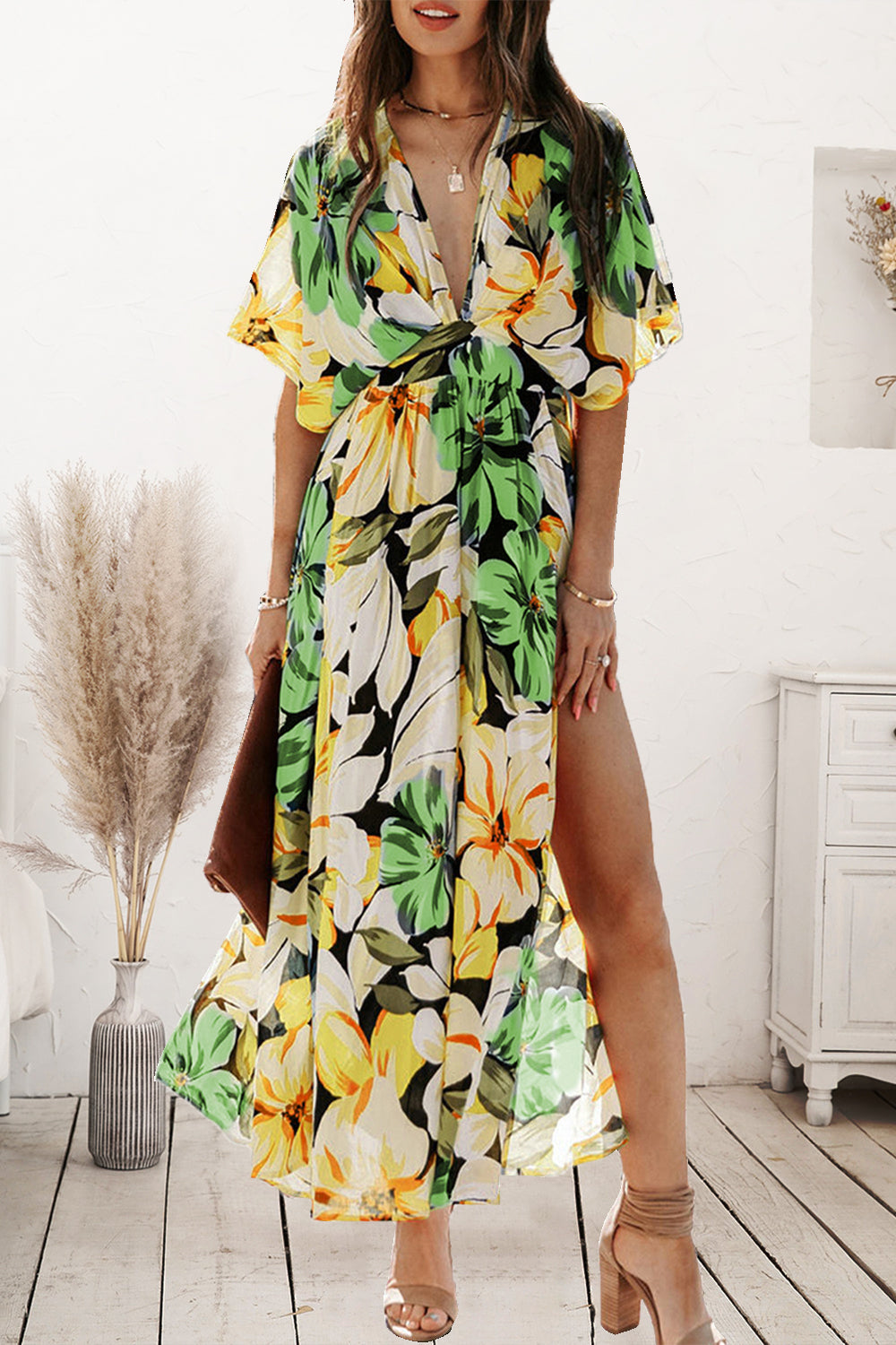 LuX De’Ore Plunge Printed Split Midi Dress