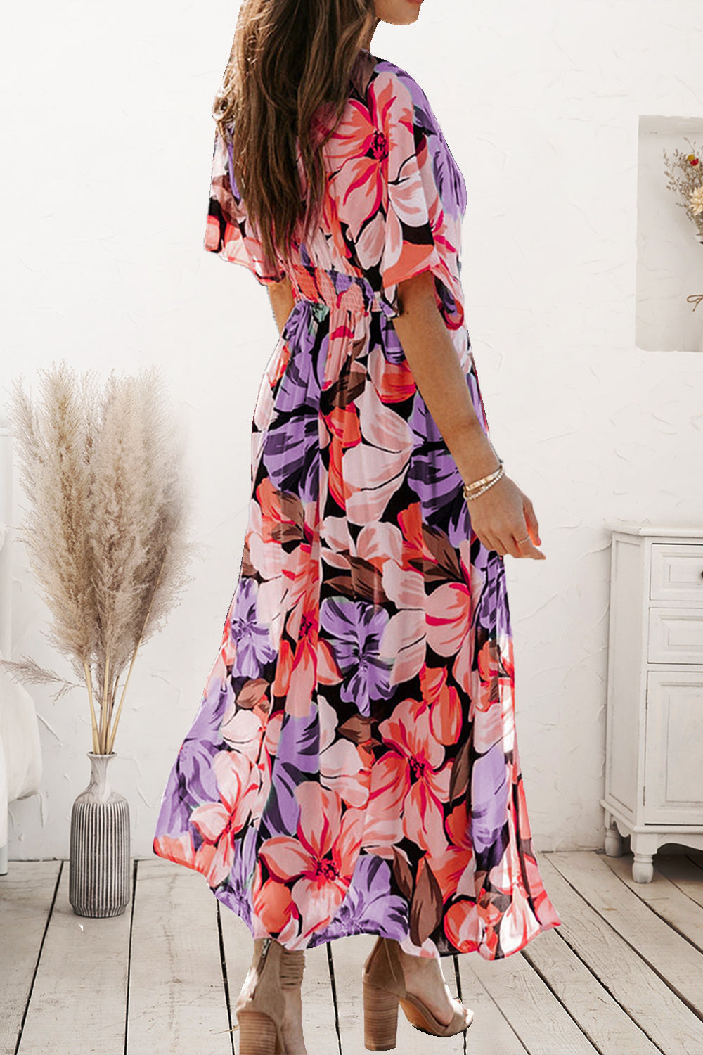 LuX De’Ore Plunge Printed Split Midi Dress