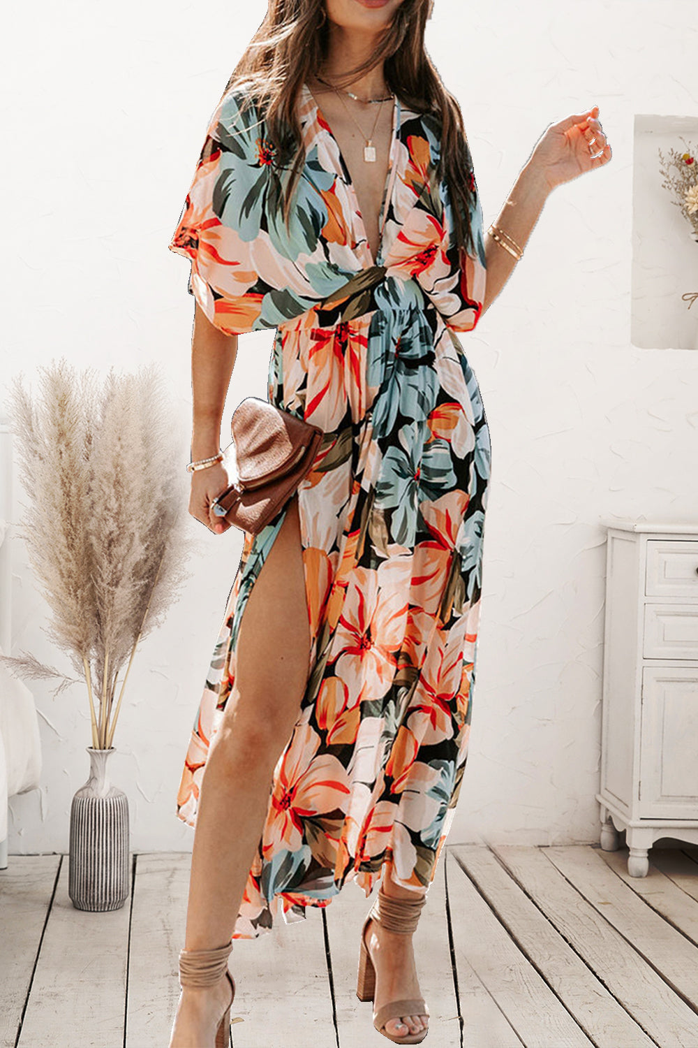 LuX De’Ore Plunge Printed Split Midi Dress